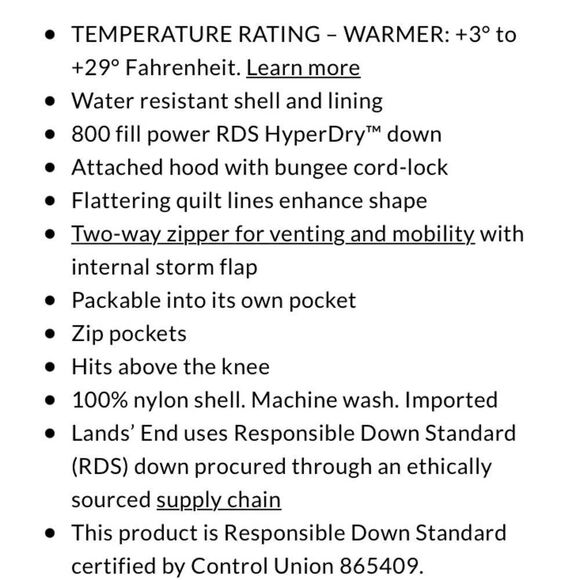 Land’s End Ultralight 800 down hood quilted zip long packable coat Navy Small - Picture 8 of 13